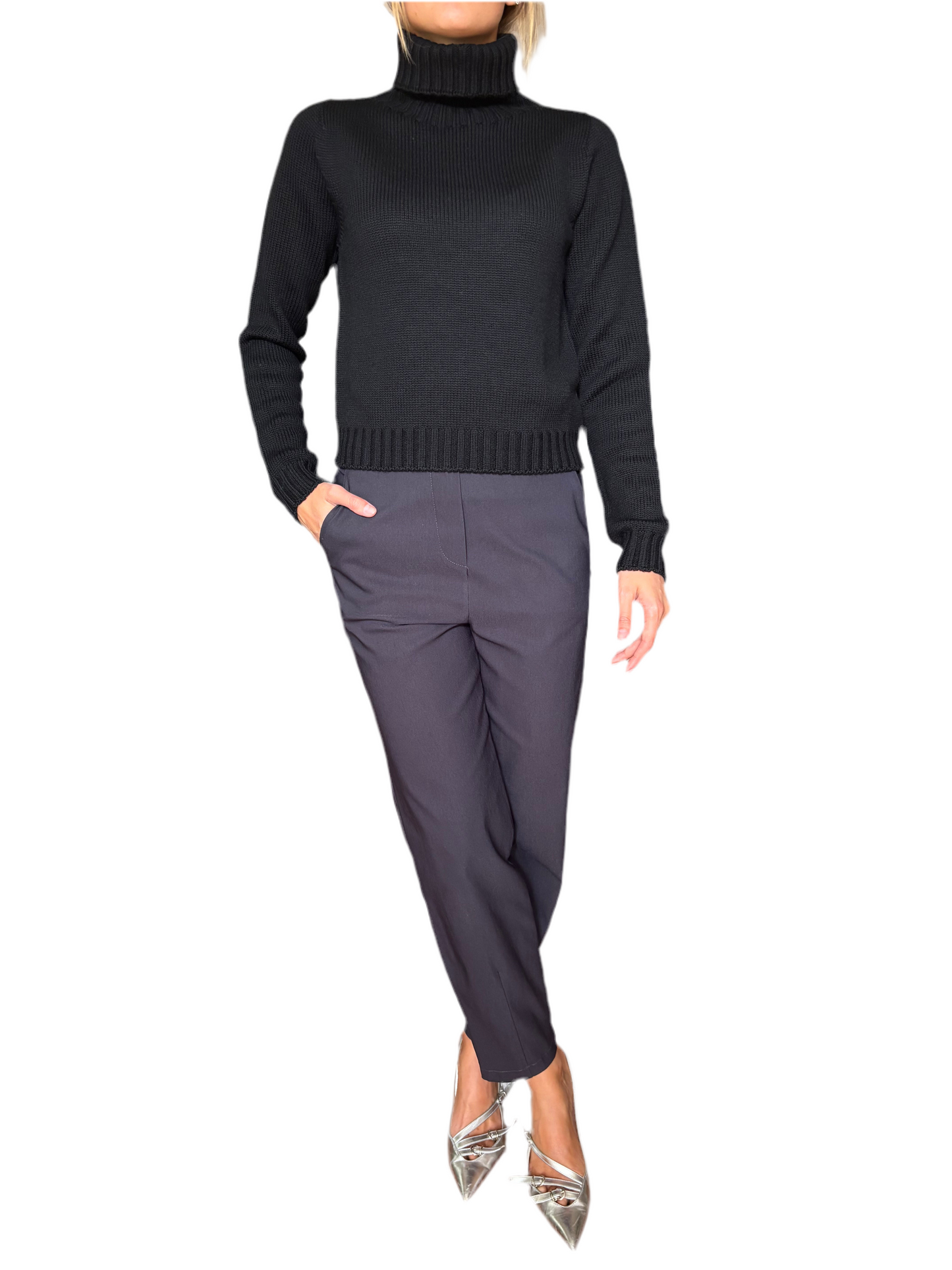 Maglione dolce vita corto 100% pura lana merino blu notte