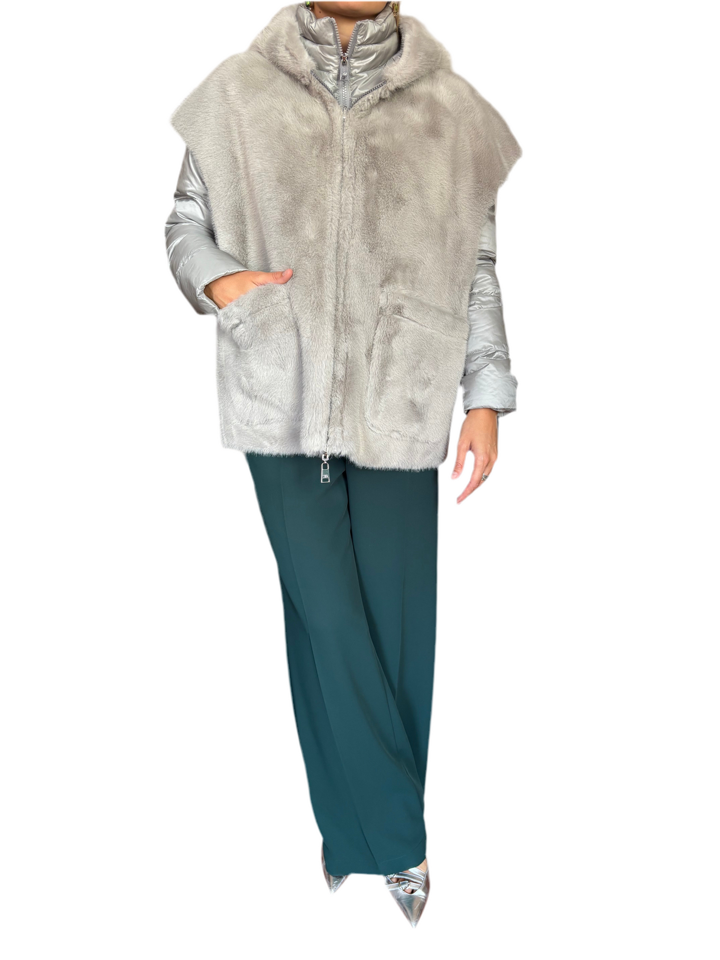 Piumino con eco pelliccia double face