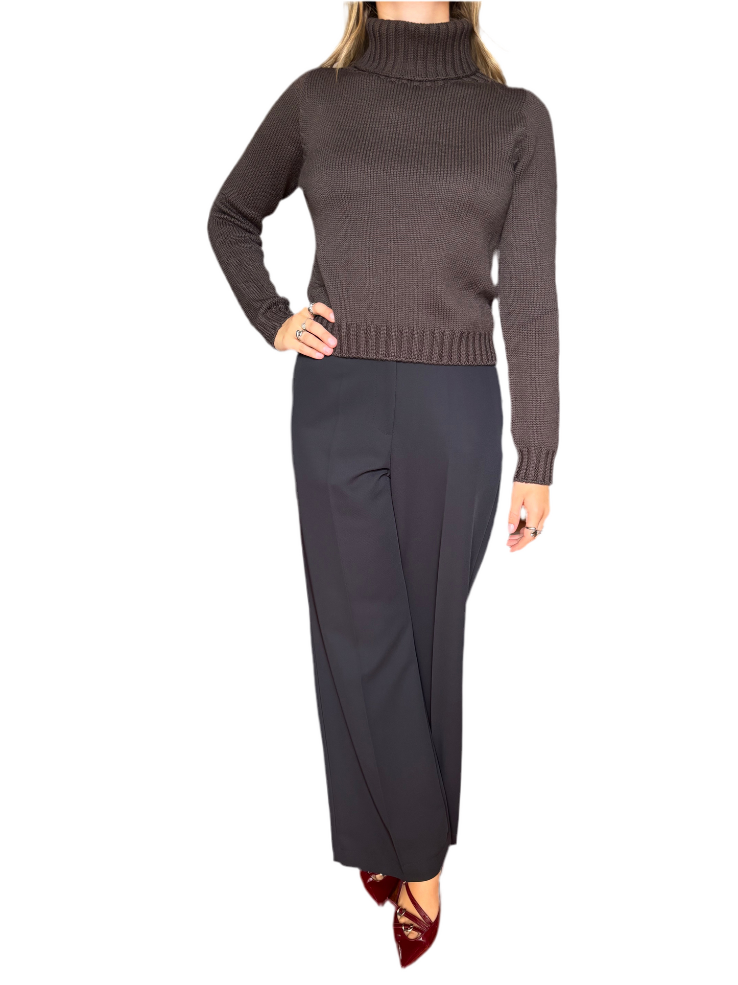 Maglione dolce vita corto 100% pura lana merino cioccolato