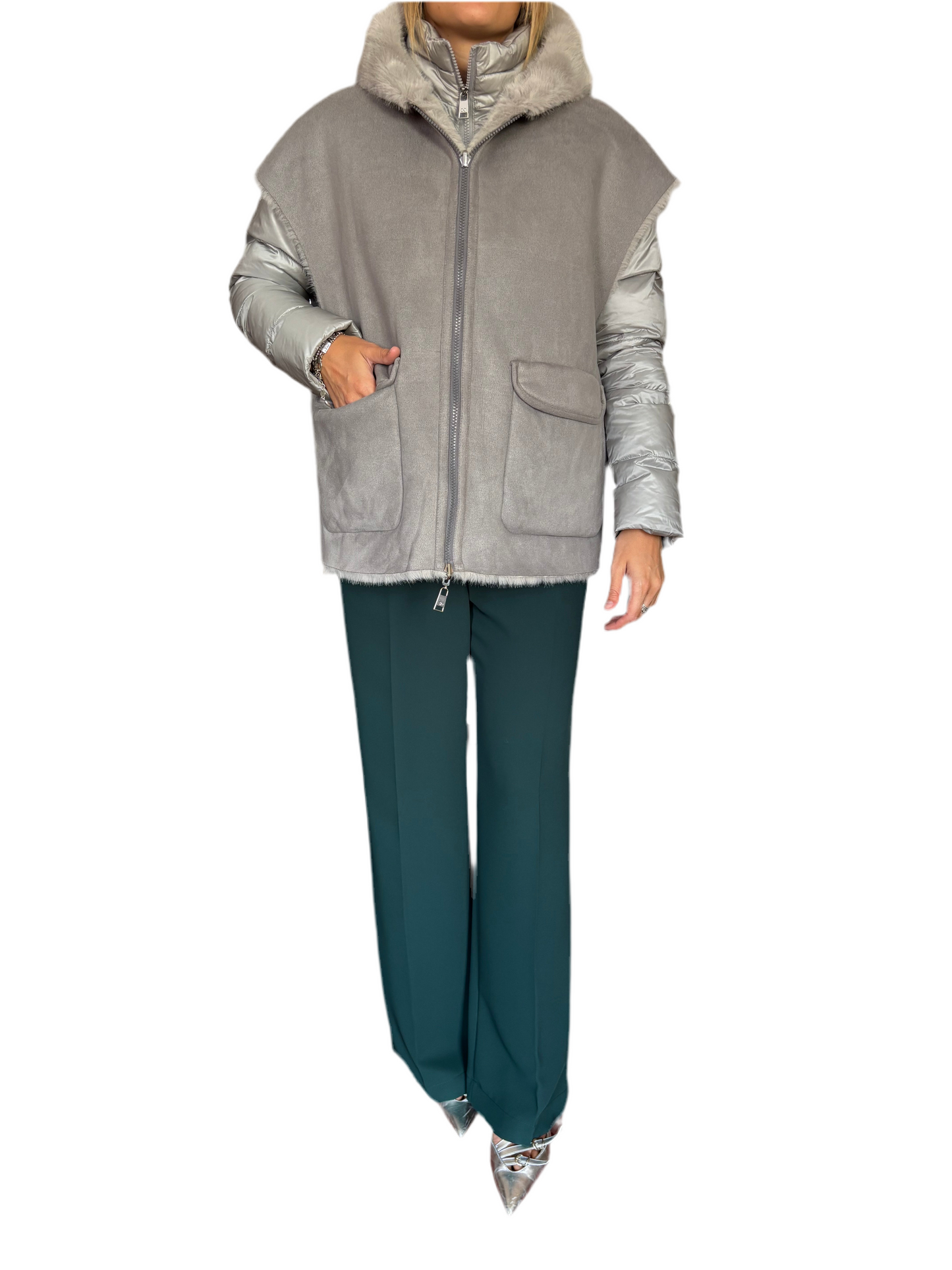 Piumino con eco pelliccia double face