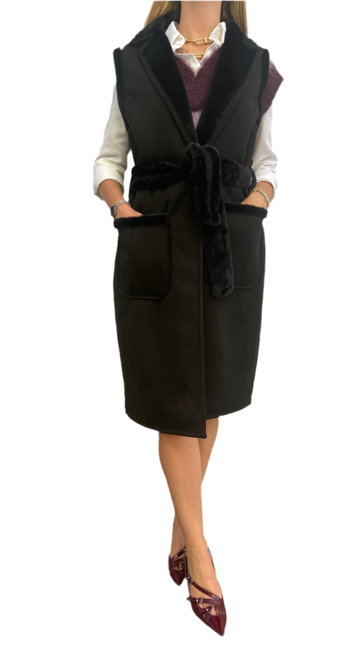Gilet lungo ecopelliccia nero