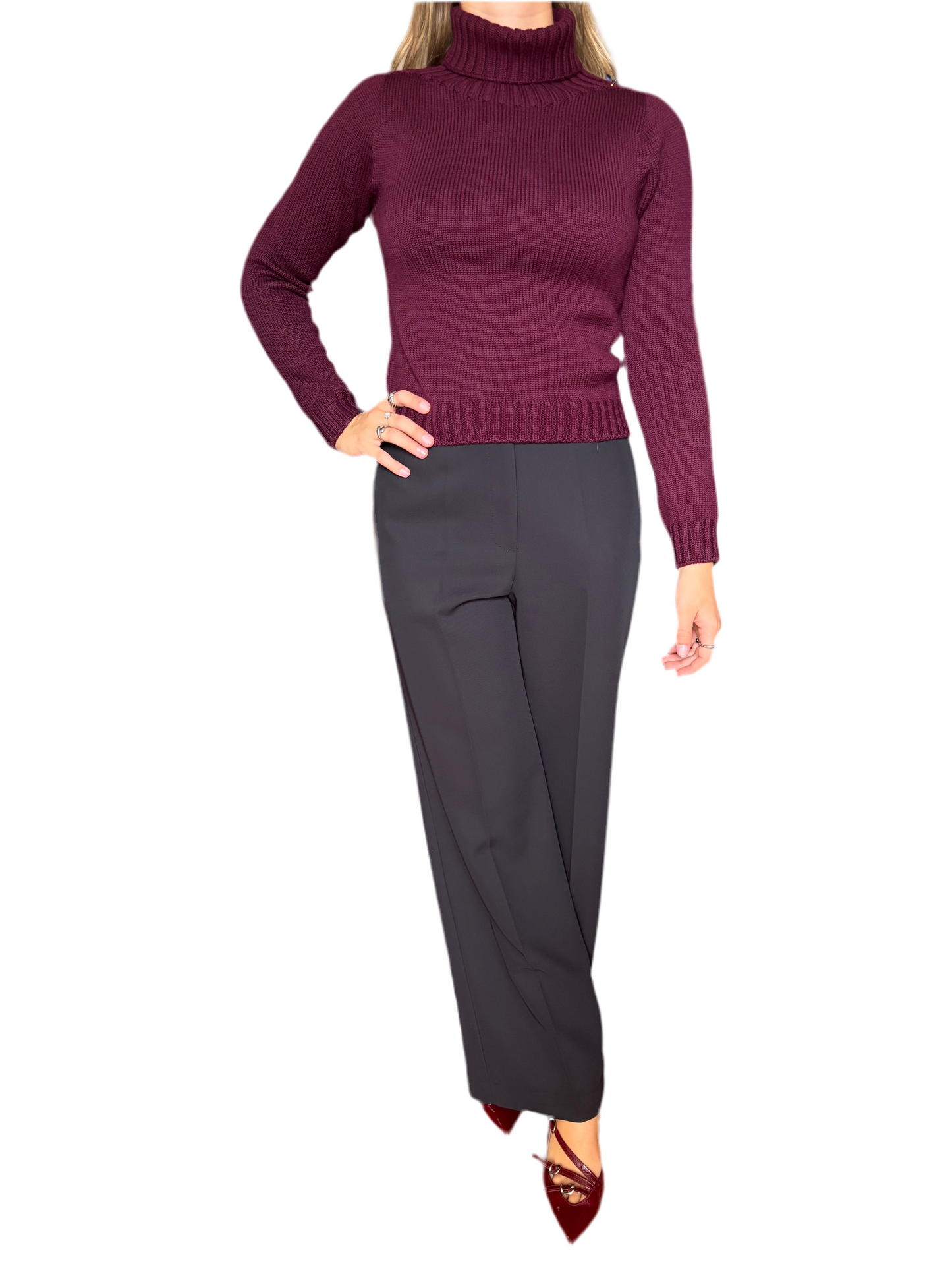 Maglione dolce vita corto 100% pura lana merino burgundy