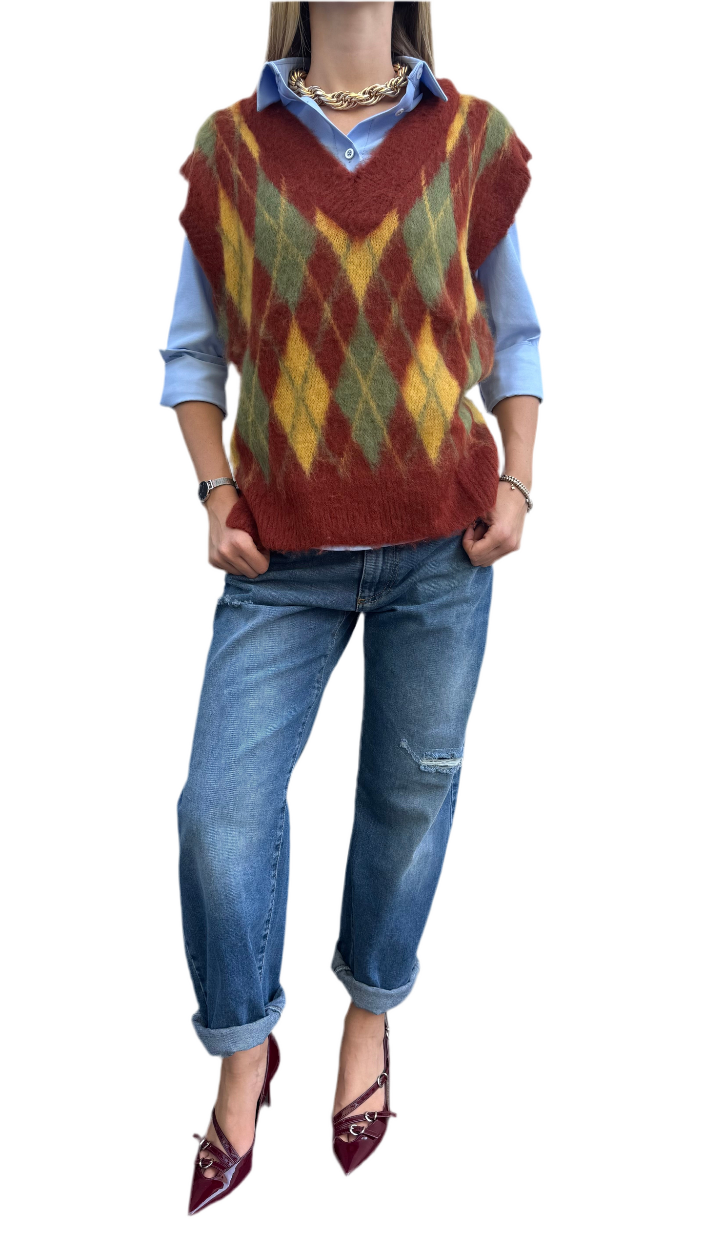 Gilet rombi mattone e senape