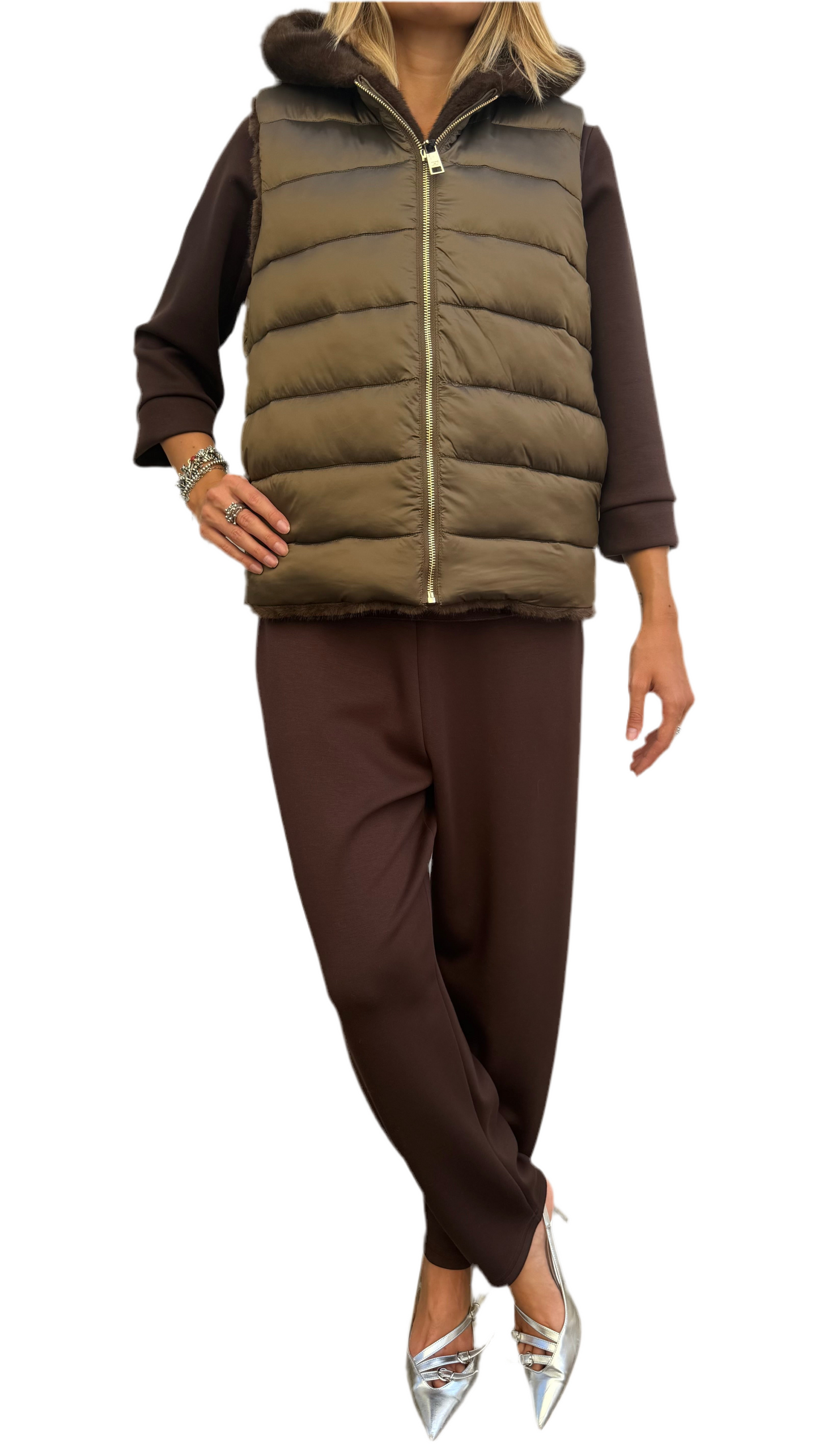 Gilet reversibile piumino e ecopelliccia cioccolato