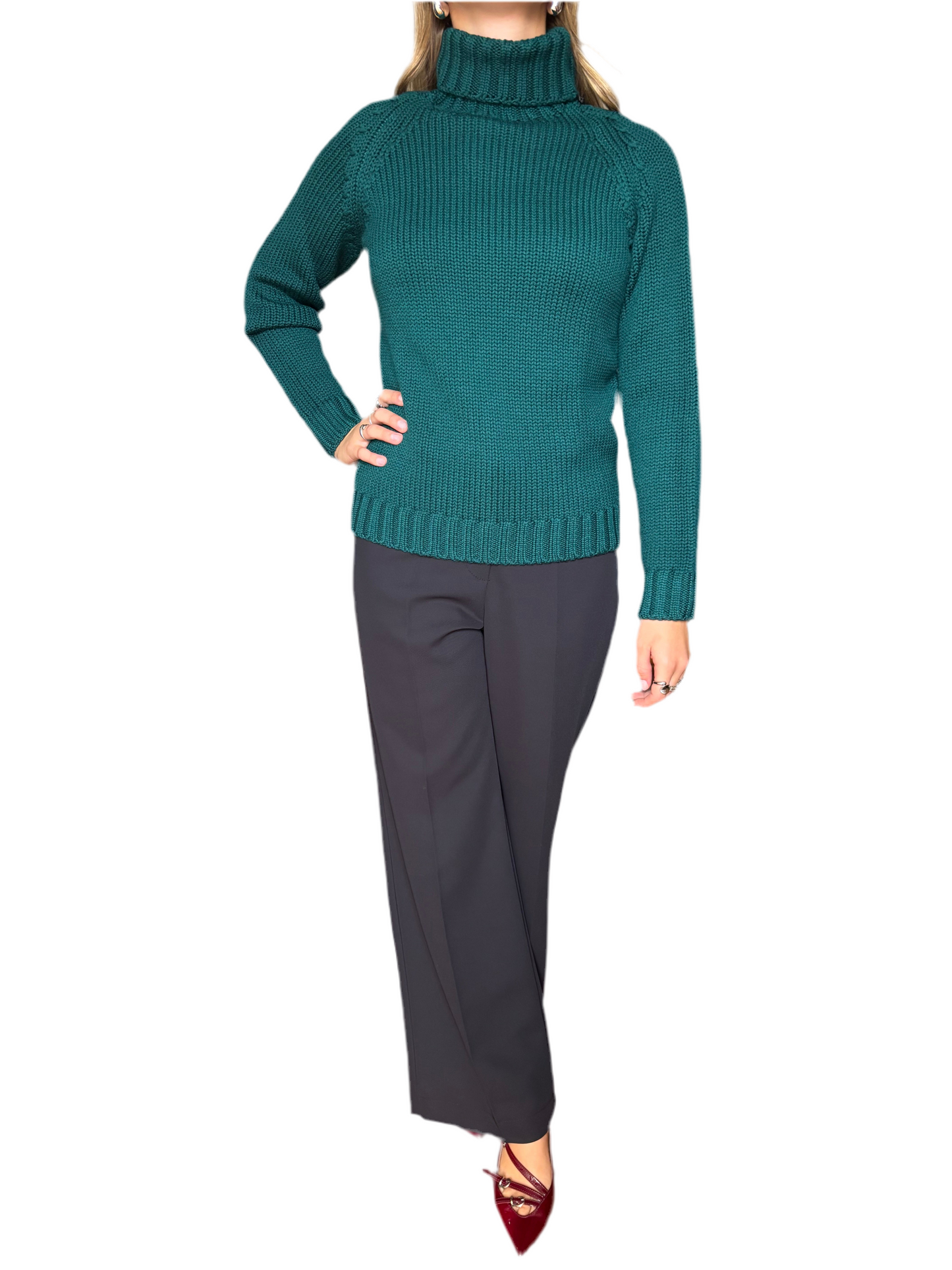 Maglione dolcevita 100% pura lana merino verde bosco