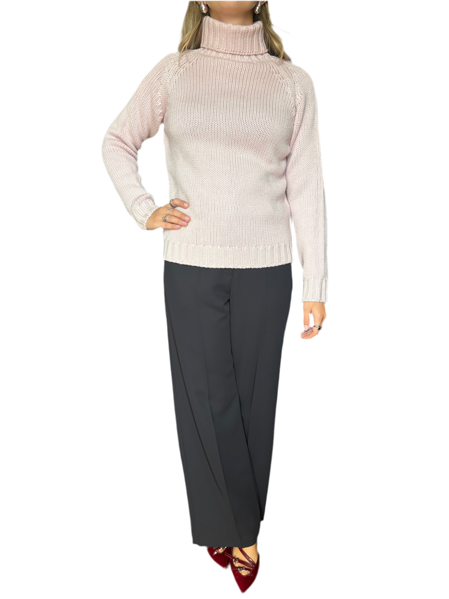Maglione dolcevita 100% pura lana merino rosa pastello