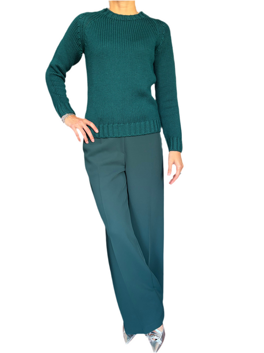 Maglione girocollo 100% pura lana merino verde bosco