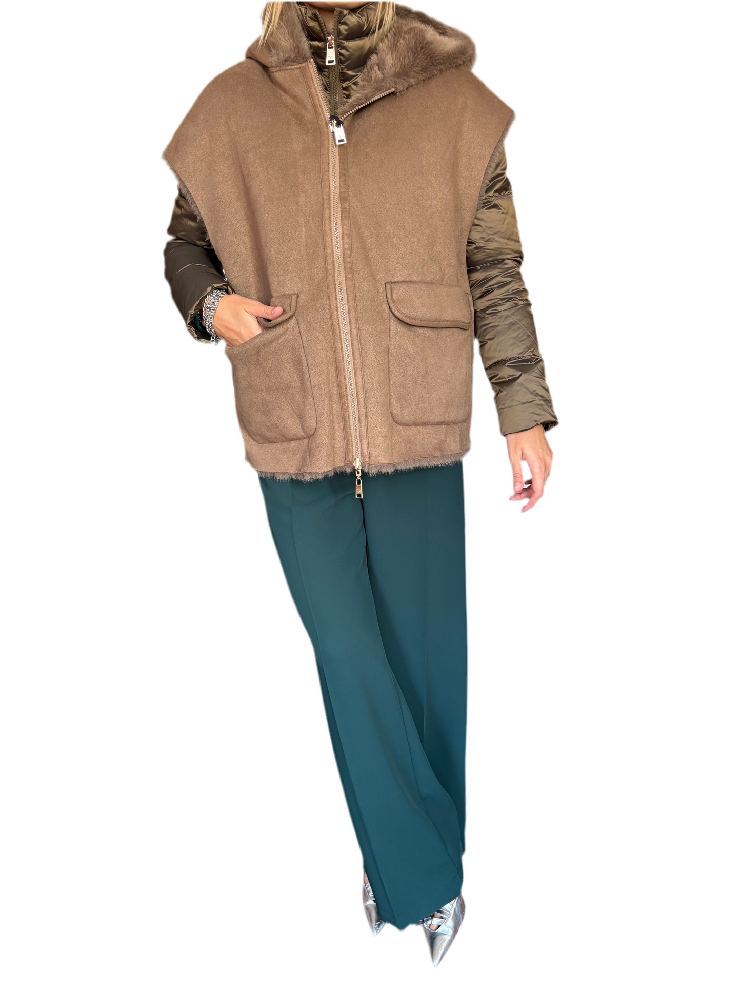 Piumino con eco pelliccia double face
