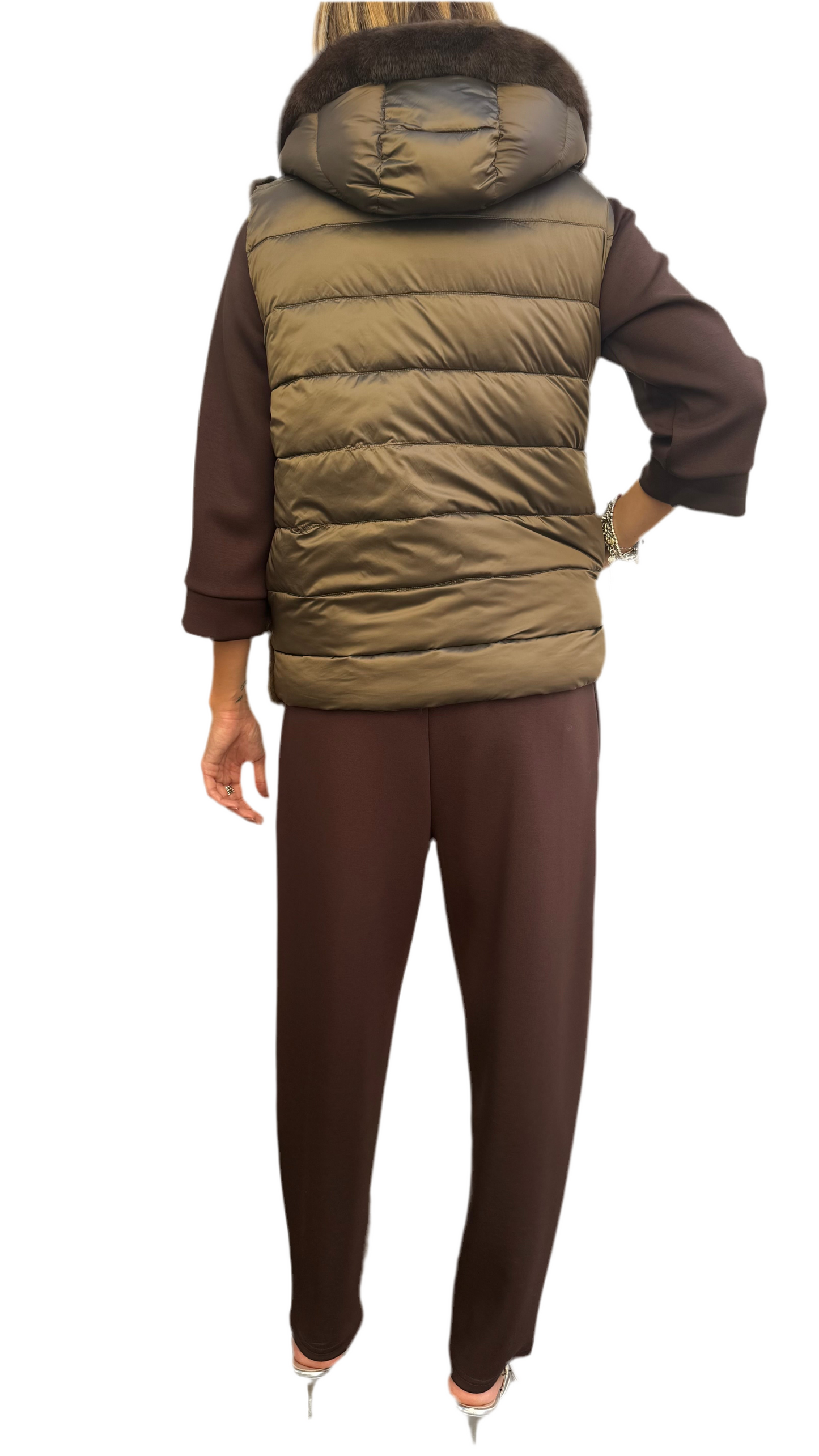 Gilet reversibile piumino e ecopelliccia cioccolato